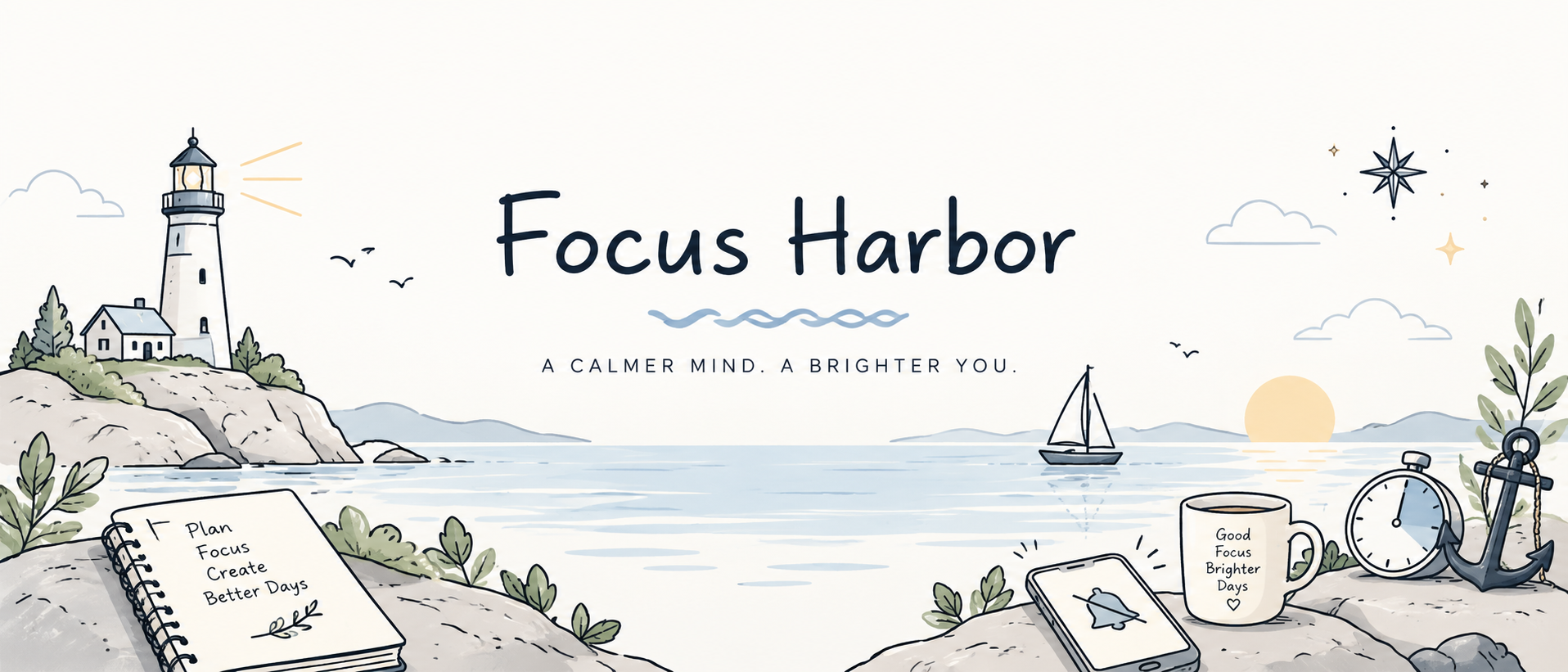 FocusAnchor. A calmer mind. A brighter you. A peaceful seaside with a lighthouse, sailboat, notebook and quiet phone.